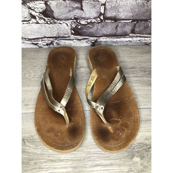 Olukai Kapehe Luana Gold Leather Beach Flip Flops Sandals Women’s Sz 9M US/39EU - Picture 2 of 16
